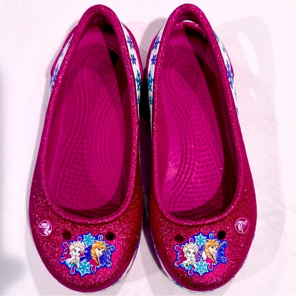 Crocs Disney Frozen Flats Girls 11 Genna Il Berry Glitter Anna Elsa Slingbacks - Picture 2 of 7